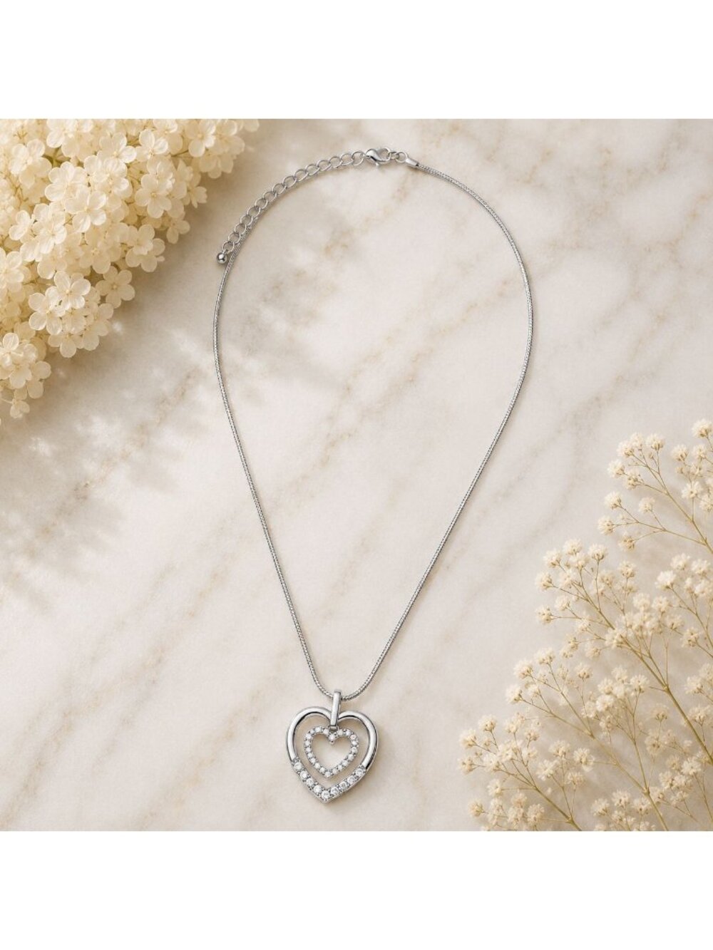 Vtg Double Heart Necklace Sterling Silver Overlay Made with Swarovski‎ Crystal